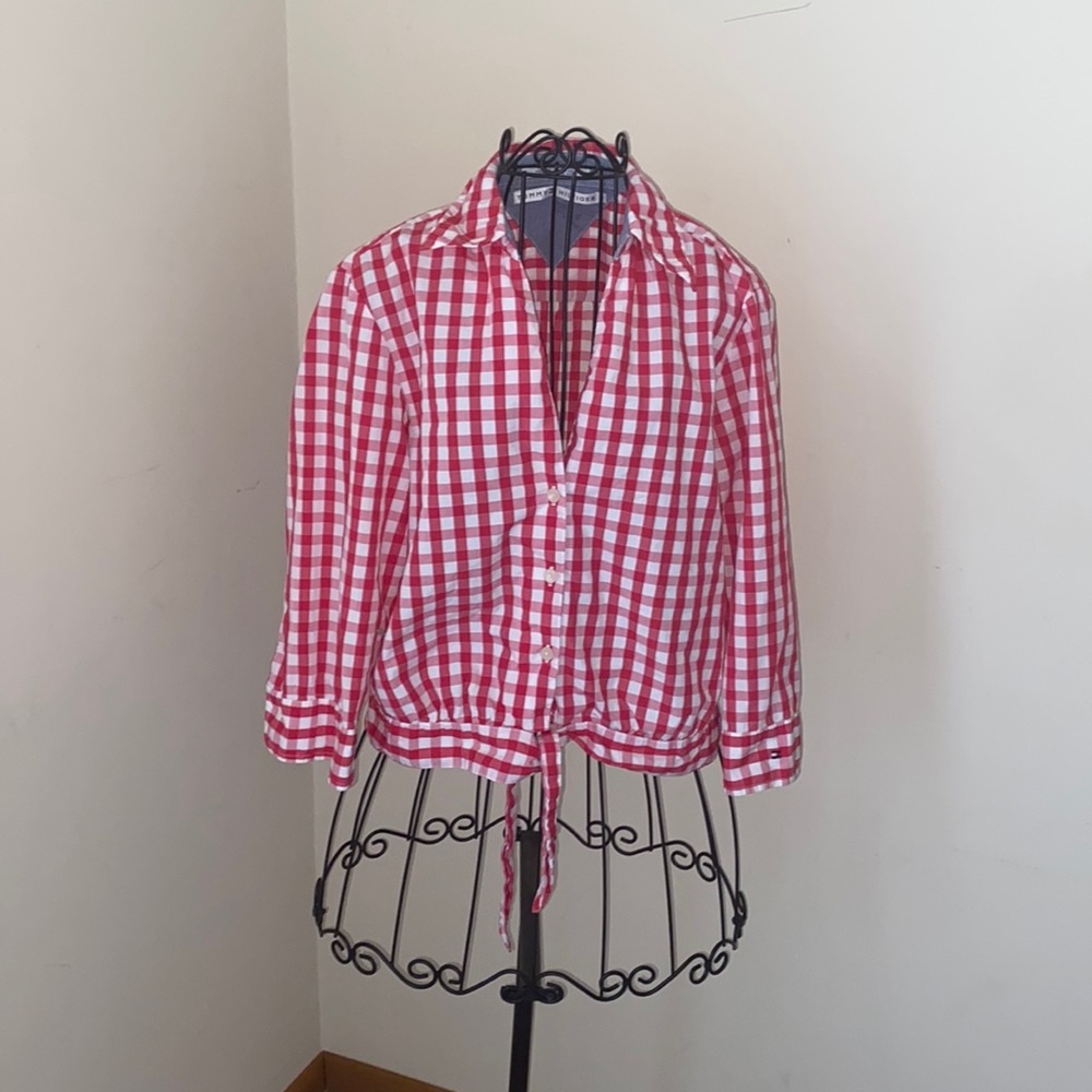 Y2K Tommy Hilfiger red& white gingham 3/4 sleeve crop collared button down shirt
